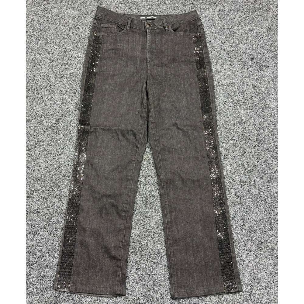 Karl Lagerfeld Jeans Womens 12 Black Sequin Stripe Straight Leg Rhinestone Denim